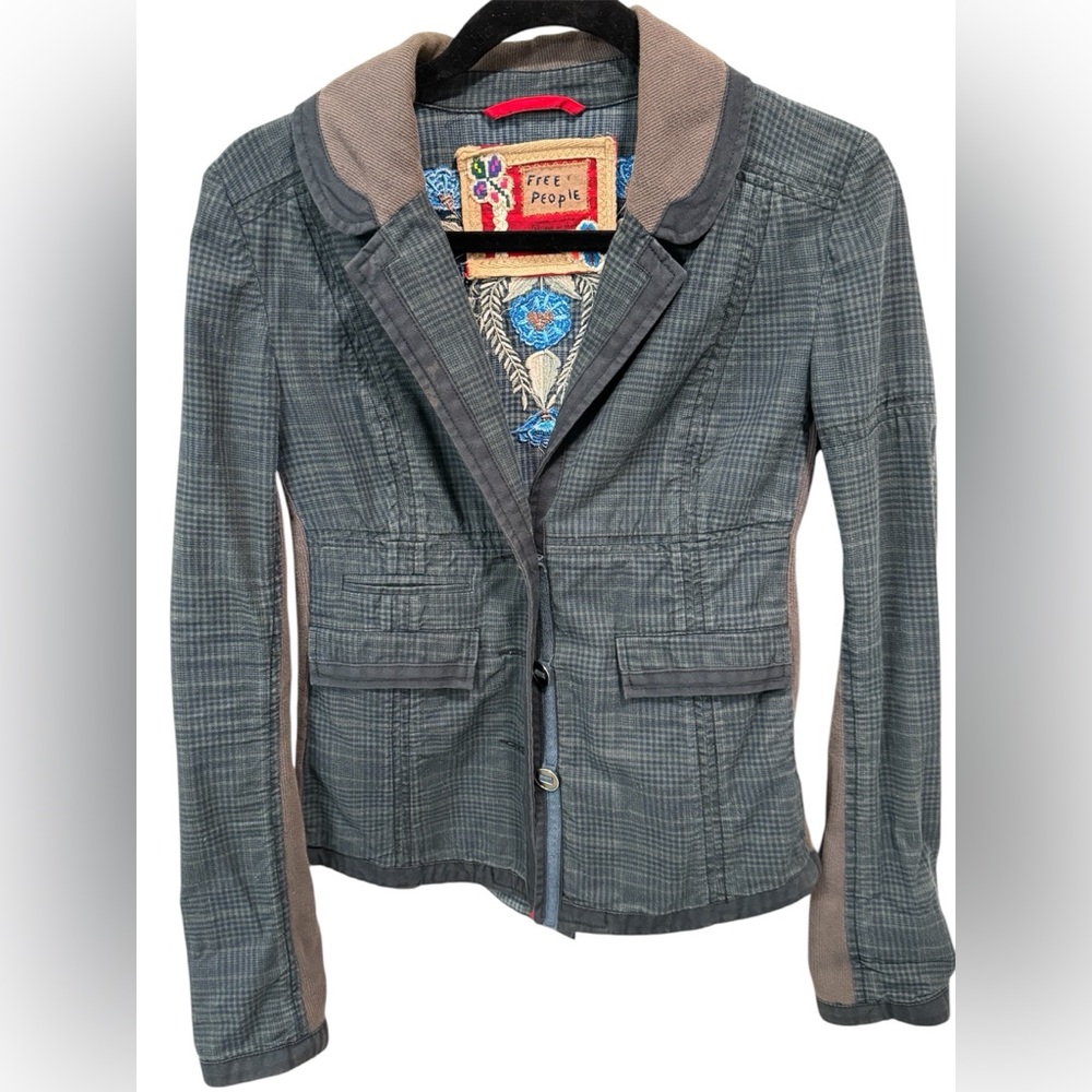 FREE PEOPLE Blazer Jacket Embroidery Blue Flowers Teal Plaid Womens Size 8